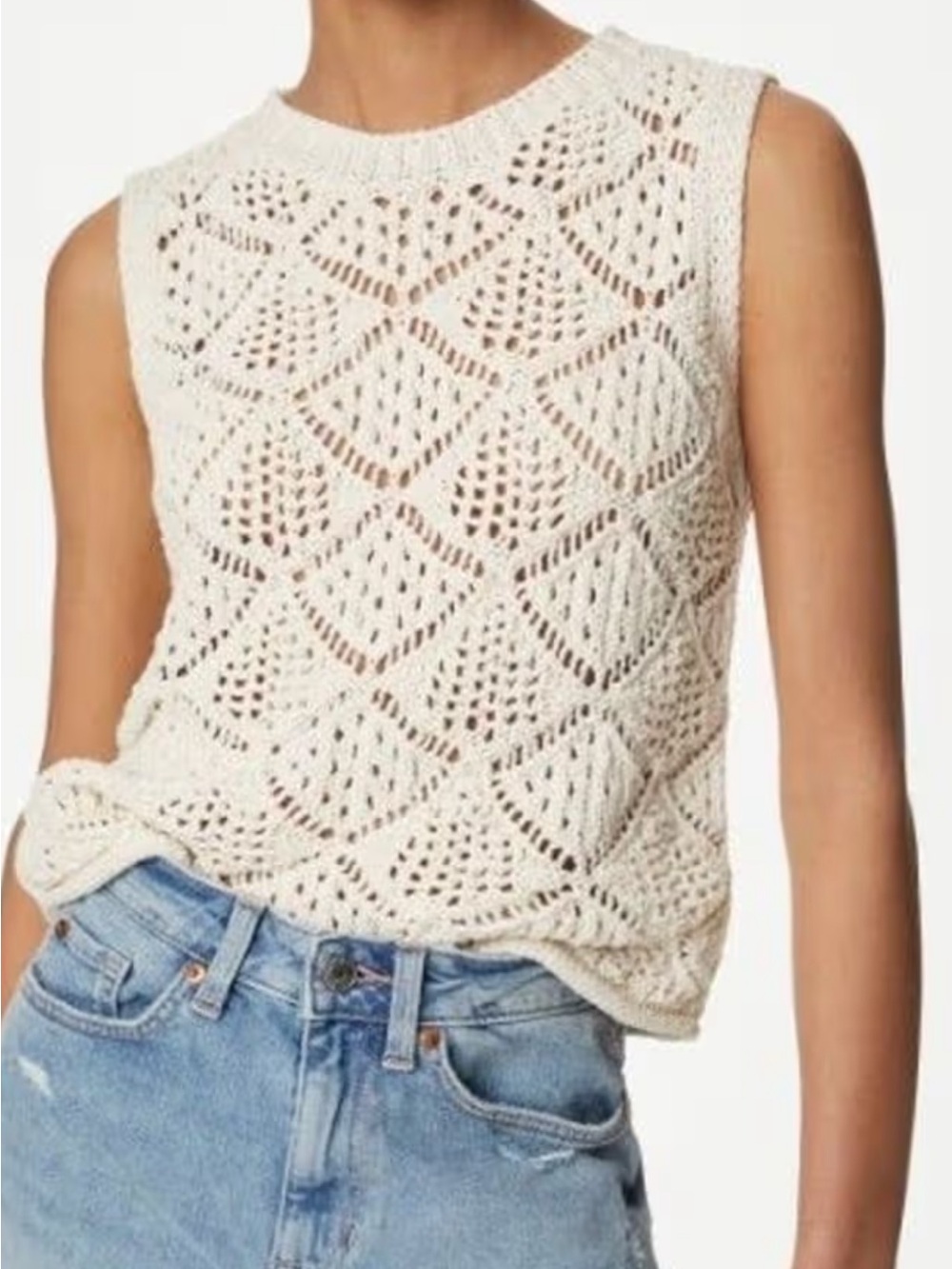 NWT, Marks & Spencer Cotton Blend Crew Neck Knitted Sweater Vest, Ivory, Size L